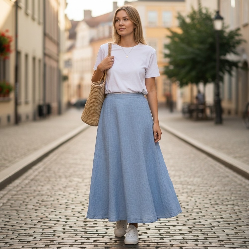 L.L.Bean Maxi Skirt Womens 8 Blue 100% Linen Classic Fit Vtg Quiet Luxury